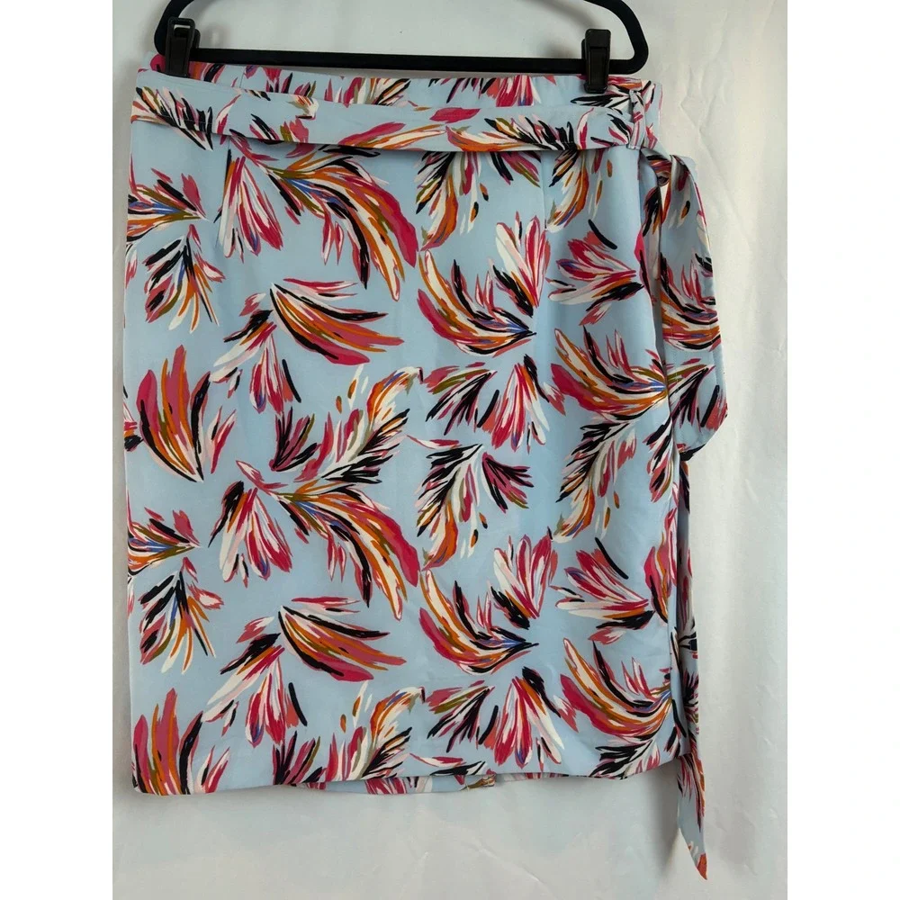 Floral Print Pencil Skirt Light Blue Pink High Waist Tie Belt Mid-Length Size 22